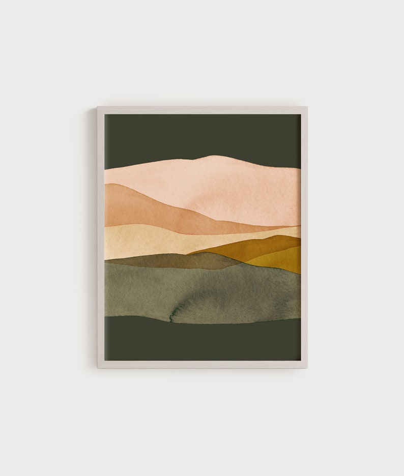 May include: Abstract watercolor painting of a landscape with layered hills in shades of pink, orange, brown, and green against a dark green background.