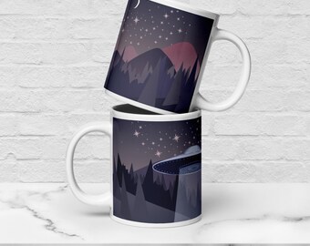 Geek gift 20 oz alien mug. Your ufo sighting on a cup. Sci-fi scene for your morning coffee.
