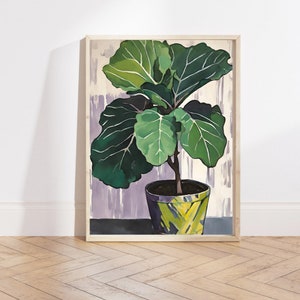 May include: A painting of a fiddle leaf fig plant in a yellow and green pot against a purple background.