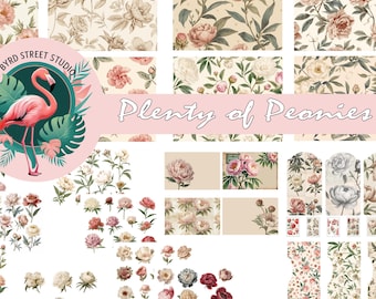 Plenty of Peonies Junk Journal Kit , Digital Download, Shabby Chic Floral Papers and Ephemera, vintage , flowers