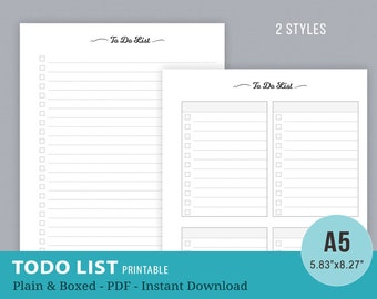 To Do List Printable, ToDo Checklist, A5 Planner Inserts, Agenda, Refills, Filofax, Kikki K Notebook Pages, Digital PDF, Instant Download