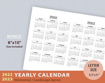 2022-2023 Yearly Calendar, Horizontal Wall Calendar, Desktop Calendar, 2 Year Calendar, 2022 Landscape Calendar, Letter Size + 8"x10"