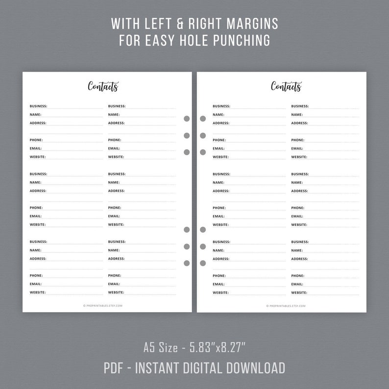 Contacts Page Printable, Contact Sheet, Address Book, Business Contacts ...