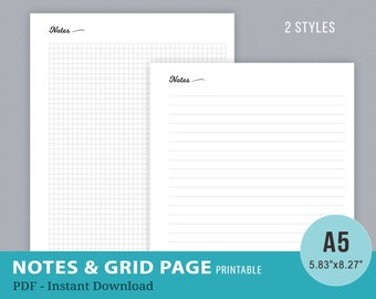 Notes Page Template, Notebook Pages Printable, Grid Notes, Filofax, Graph, Meeting Notes Page, A5 Planner Inserts,  Instant Download PDF