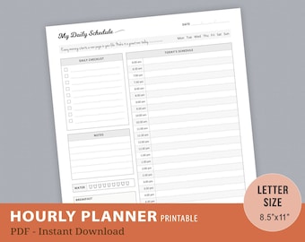 Hourly Planner Inserts, Hourly Planner Printable, Daily Schedule, Day Organizer, Hourly Day Plan, Instant Download, Letter Size 8.5"x11"