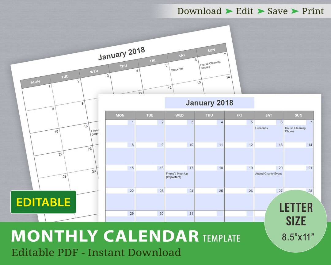 Editable Calendar Templates, Editable PDF, Printable Calendar, Monthly ...