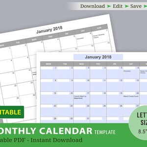 Editable Calendar Templates, Editable PDF, Printable Calendar, Monthly ...