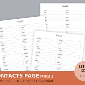 Contacts Page Printable, Contact Sheet, Address Book, Planner Inserts, Phone Numbers Record, Business Contacts, Instant Download PDF, Letter
