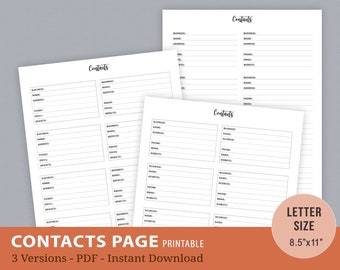 Página de contactos imprimible, hoja de contactos, libreta de direcciones, inserciones del planificador, registro de números de teléfono, contactos comerciales, descarga instantánea de PDF, carta