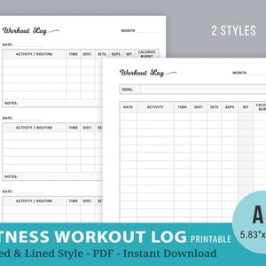 Workout Log, Fitness Log, Exercise Log Printable, A5 Planner Inserts, Health & Diet Tracker, Filofax, Weight Loss Journal, Instant Download