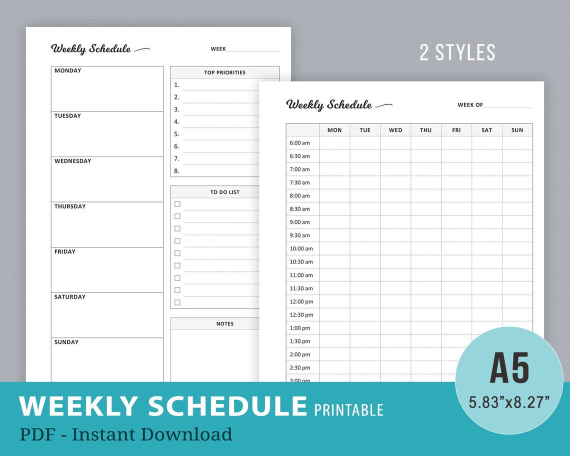Hourly Schedule Weekly Planner Printable Insert Work - Etsy