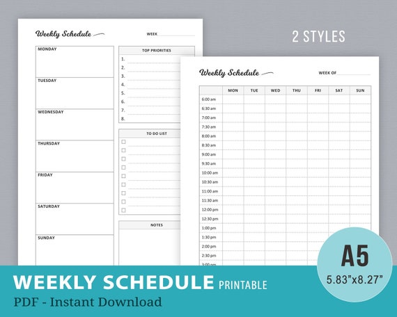 hourly schedule weekly planner printable insert work etsy