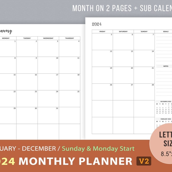 2024 Monthly Planner Pages Printable, Monthly Spread, Agenda, Planner Inserts, Month on 2 Pages, MO2P, Instant Download PDF, Letter Size