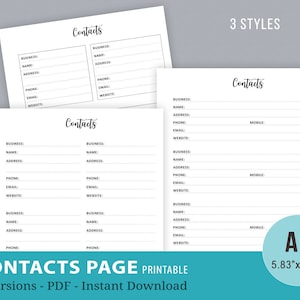 Contacts Page Printable, Contact Sheet, Address Book, Business Contacts, Filofax A5 Planner Inserts, Phone Numbers, Instant Download PDF