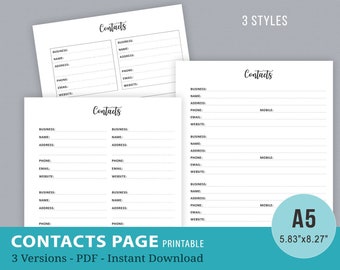 A5 Contact List Printable Contact Sheet Printable Contacts - Etsy