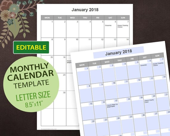 Editable Calendar Templates Editable PDF Printable Calendar | Etsy