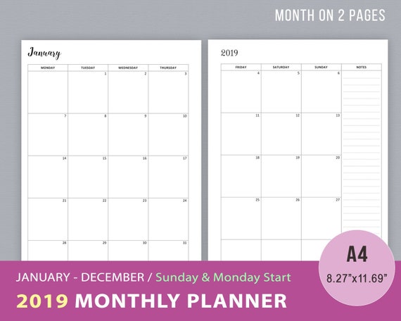 2019 monthly planner pages printable sunday and monday start planner inserts month on 2 pages mo2p agenda a4 instant download pdf monthly planner pages