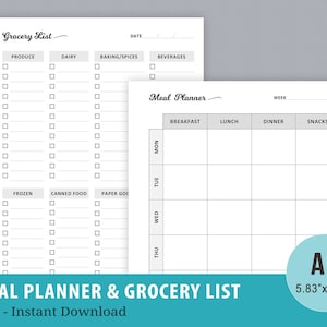 Weekly Meal Planner Printable, Grocery List and Meal Planner, Health & Fitness, Diet Planner, Instant Download, Filofax A5 Planner Inserts