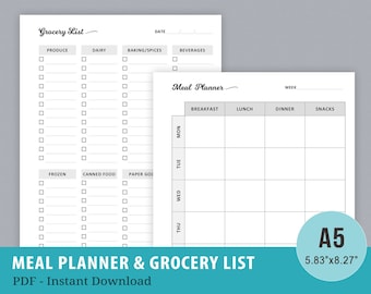 Weekly Meal Planner Printable, Grocery List and Meal Planner, Health & Fitness, Diet Planner, Instant Download, Filofax A5 Planner Inserts