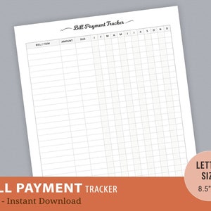 Bill Payment Tracker, Bill Payment Checklist, Monthly Bill Tracker, Bill Organizer, Bill Due Planner, Budget Planner, Digital PDF, Letter
