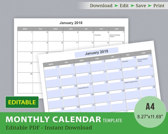 Editable Calendar Template Editable Pdf Printable Calendar Monthly Calendar Page Fillable Pdf Sunday Monday Start Instant Download A4 Editable Calendar Template Editable Pdf Printable Calendar Monthly Calendar Page Fillable Pdf Sunday Monday Start Instant Download A4