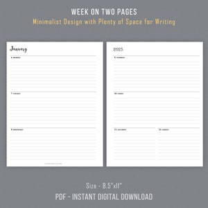 May include: A printable weekly planner template with a minimalist design. The planner is divided into two pages, with each page featuring a different week of the month. The planner is designed to be used with a standard 8.5 by 11 inch sheet of paper.