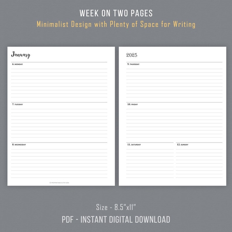 May include: A printable weekly planner template with a minimalist design. The planner is divided into two pages, with each page featuring a different week of the month. The planner is designed to be used with a standard 8.5 by 11 inch sheet of paper.