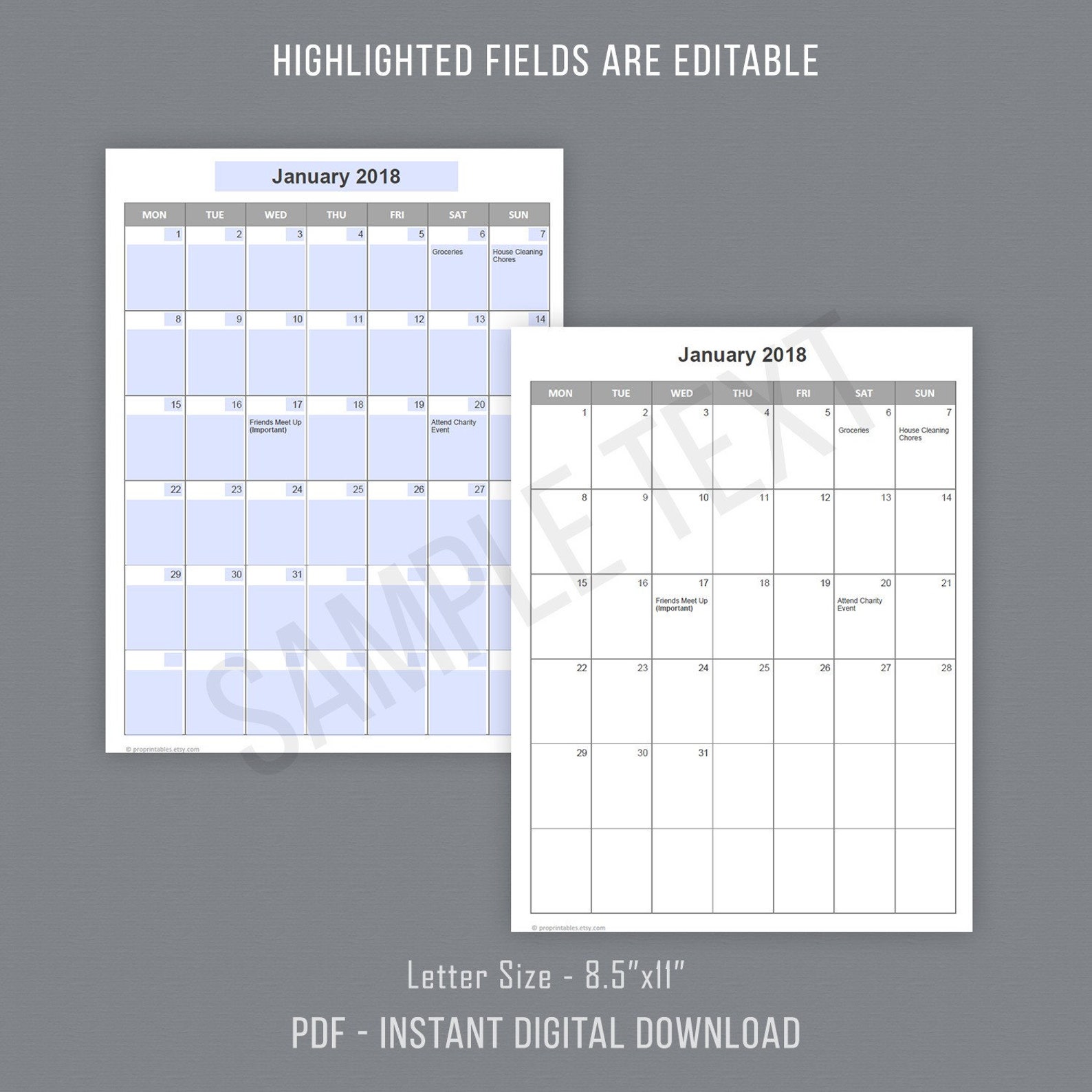 Editable Calendar Templates Editable PDF Printable Calendar Etsy Canada
