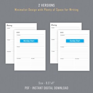 May include: Two printable calendar pages for January 2025, one starting on Monday and the other starting on Sunday. Each page is 8.5 inches by 11 inches and has a minimalist design with plenty of space for writing.