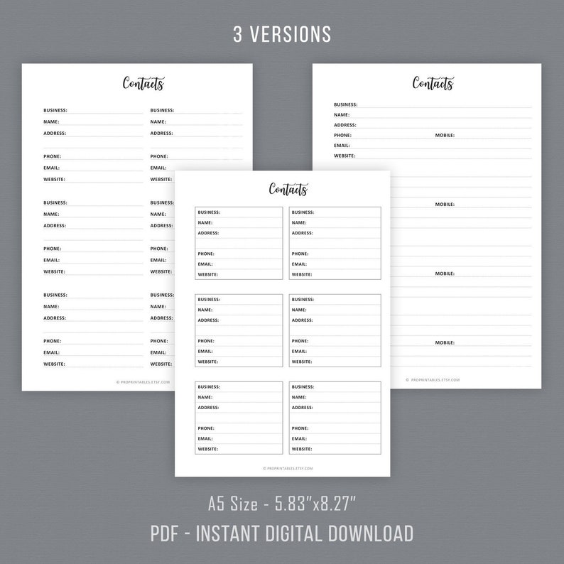 Contacts Page Printable, Contact Sheet, Address Book, Business Contacts ...