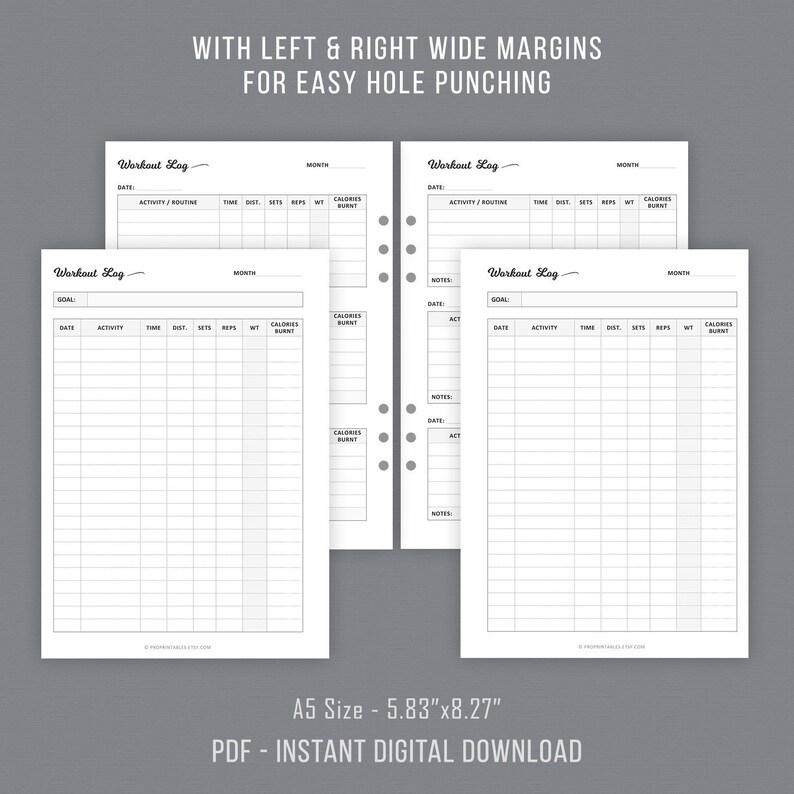 Workout Log, Fitness Log, Exercise Log Printable, A5 Planner Inserts ...