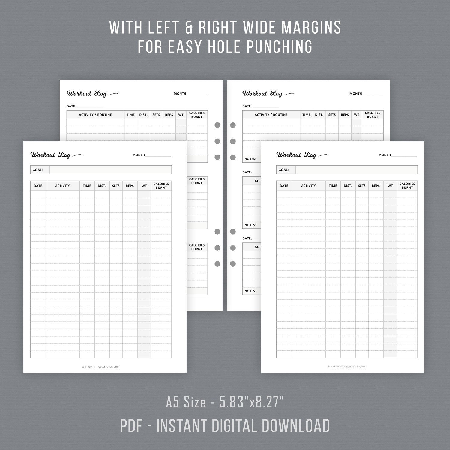 Workout Log, Fitness Log, Exercise Log Printable, A5 Planner Inserts ...