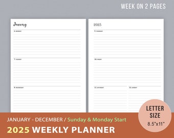 2025 Weekly Planner Printable, Sunday Monday Start, WO2P Goals Agenda, Week on 2 Pages, Daily Planner Inserts, Instant Download, Letter Size