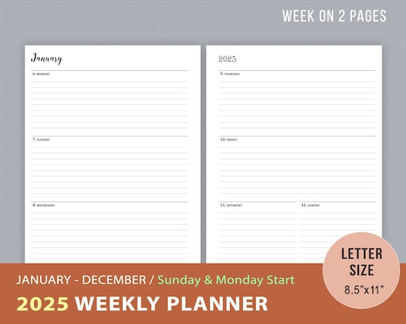 2025 Weekly Planner Printable, Sunday Monday Start, WO2P Goals Agenda, Week on 2 Pages, Daily Planner Inserts, Instant Download, Letter Size