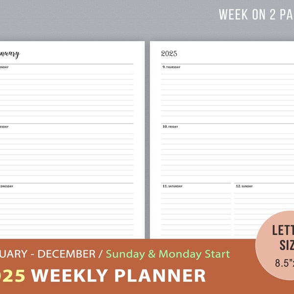 2025 Weekly Planner Printable, Sunday Monday Start, WO2P Goals Agenda, Week on 2 Pages, Daily Planner Inserts, Instant Download, Letter Size