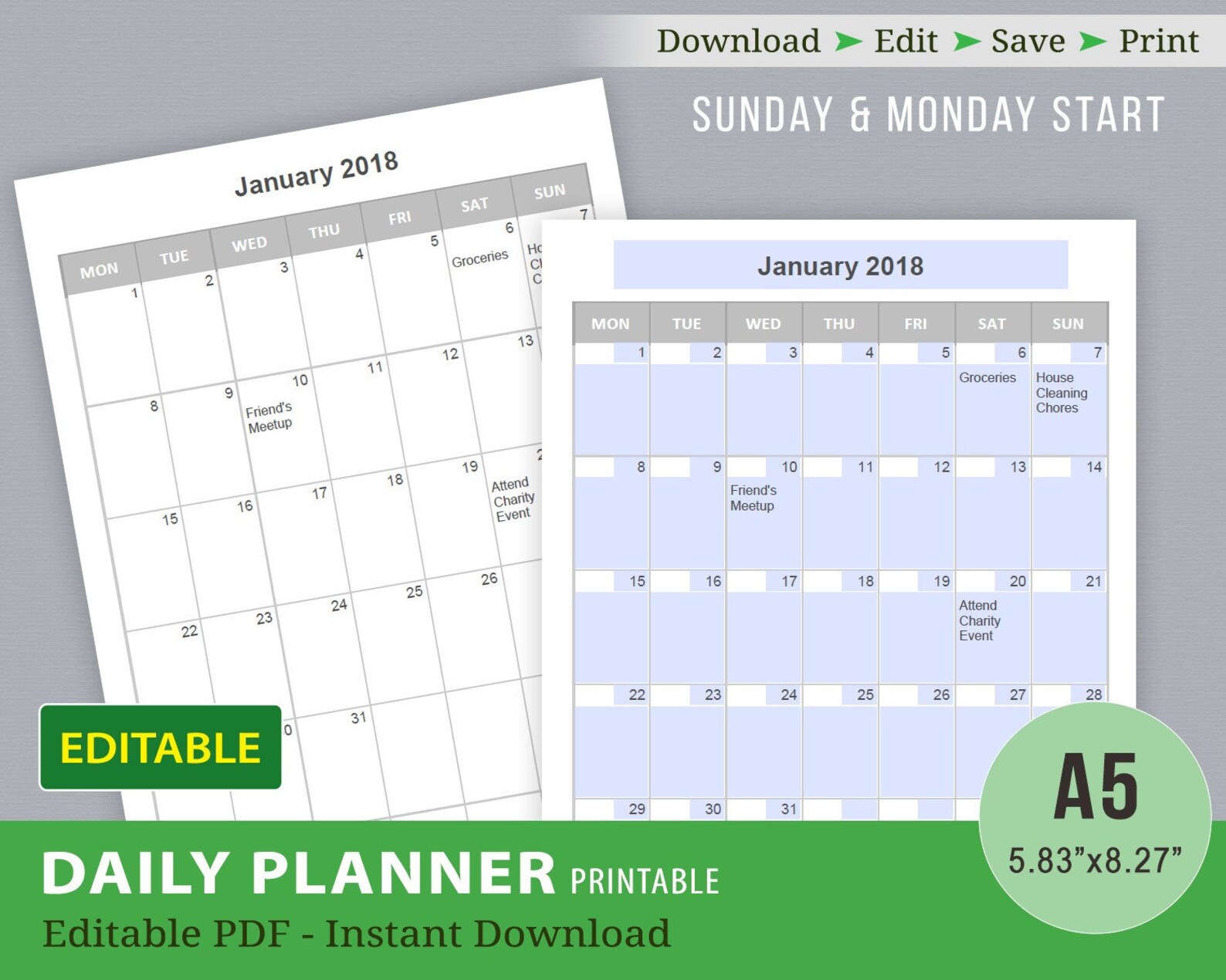 Editable Calendar Templates Editable PDF Printable Calendar Etsy