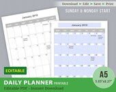Editable Calendar Templates, Editable PDF, Printable Calendar, Vertical Monthly Calendar, Sunday & Monday Start, Filofax, Kikki K, A5 Size