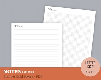 Notes Page, Notes Page, Graph Paper, Grid Notes, Notebook Pages, Printable Planner Inserts, Digital PDF, Instant Download, Letter Size