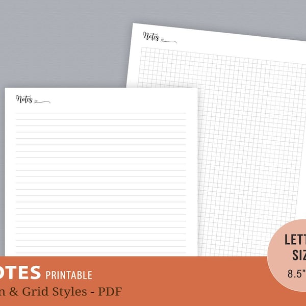 Notes Page, Notes Page, Graph Paper, Grid Notes, Notebook Pages, Printable Planner Inserts, Digital PDF, Instant Download, Letter Size