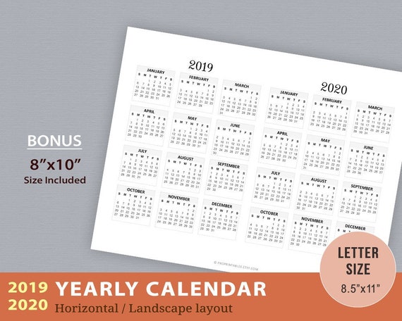 2019 2020 Yearly Calendar Horizontal Wall Calendar Desktop Etsy