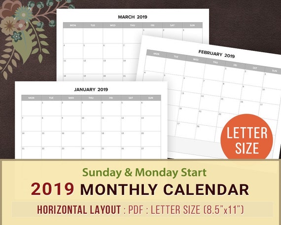 2019 monthly calendar printable blank monthly planner sunday etsy blank 2019 monthly calendars