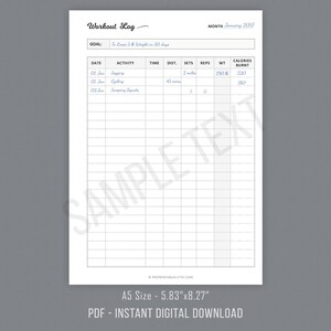 Workout Log, Fitness Log, Exercise Log Printable, A5 Planner Inserts ...