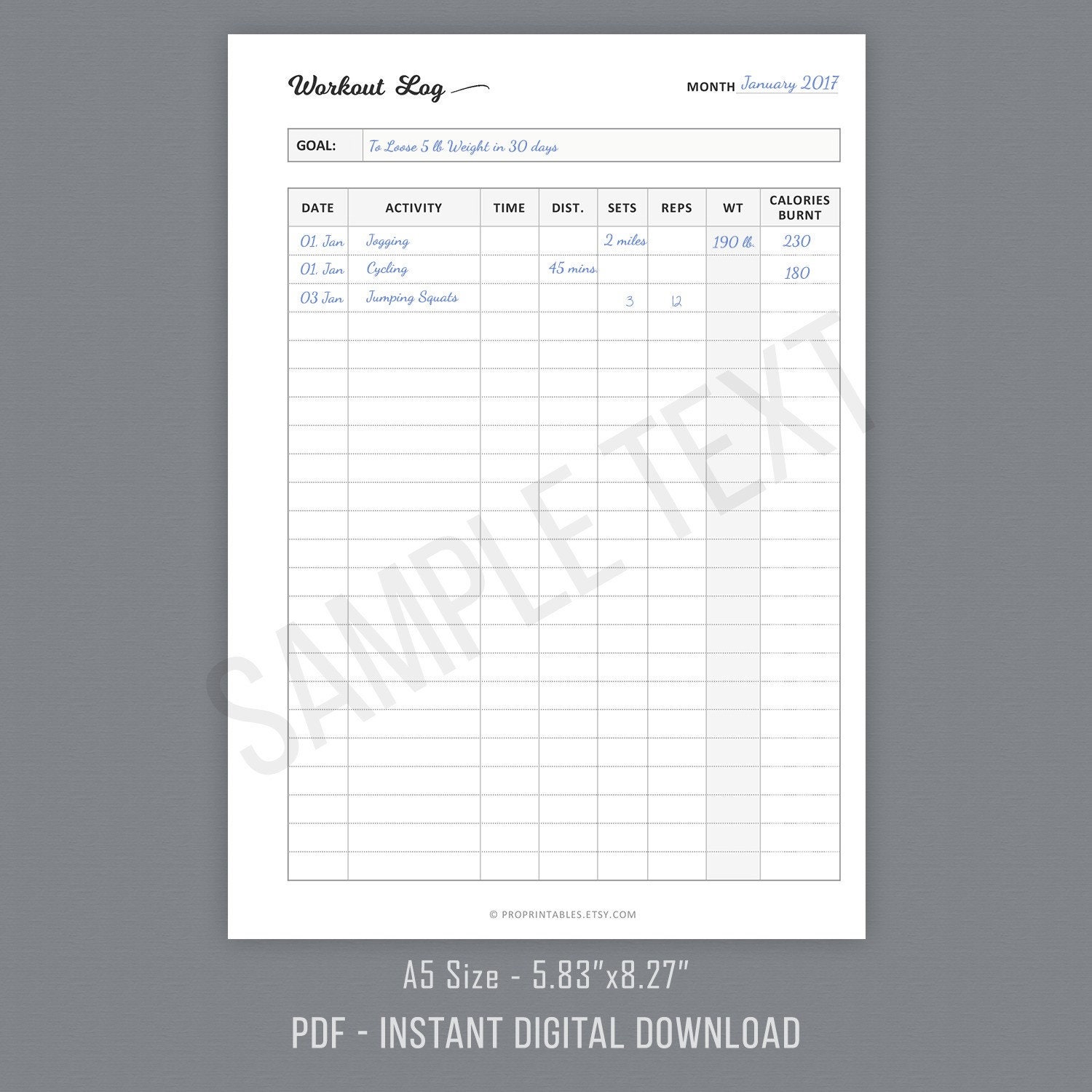 Workout Log, Fitness Log, Exercise Log Printable, A5 Planner Inserts ...