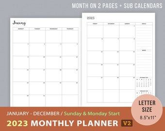 2023 Monthly Planner Pages Printable, Monthly Spread, Agenda, Planner Inserts, Month on 2 Pages, MO2P, Instant Download PDF, Letter Size