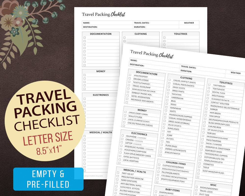 Travel Packing Checklist Vacation Planning Printable Holiday | Etsy