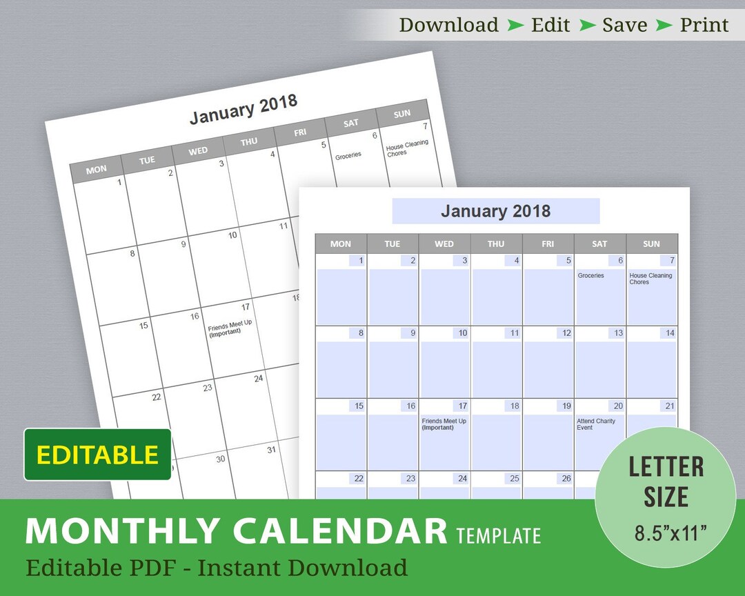 Editable Calendar Templates, Editable PDF, Printable Calendar, Monthly ...