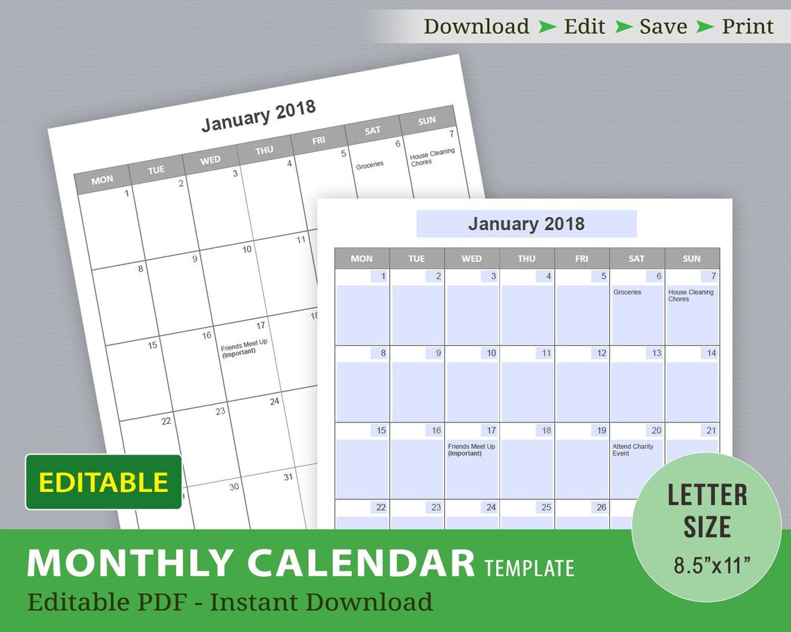 Editable Calendar Templates, Editable PDF, Printable Calendar, Monthly