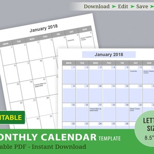 Editable Calendar Templates, Editable PDF, Printable Calendar, Monthly Calendar Templates, Fillable PDF, Sunday + Monday Start, Letter Size