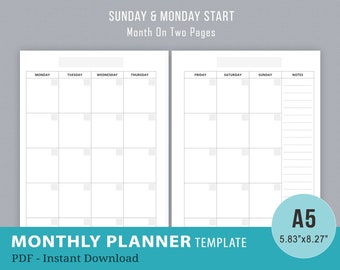 Undated Monthly Planner Inserts, Monthly 2 Page Spread Template, Filofax A5 Printable, Month on Two Pages Layout, MO2P, PDF Instant Download