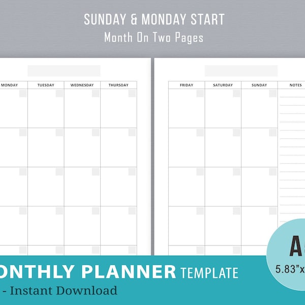 Undated Monthly Planner Inserts, Monthly 2 Page Spread Template, Filofax A5 Printable, Month on Two Pages Layout, MO2P, PDF Instant Download